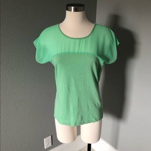 Rue Paris 2-Tone Green Upper Sheer & Solid Contrast Blouse